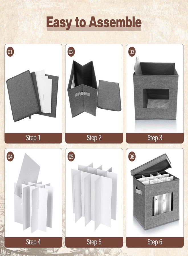 Uiifan 4 Pcs Champagne Flute Storage Box with Dividers 12 Compartment Stemware Storage Cases China Container Box with Lid, Handles, PVC Window for Moving, Gray - Image 4